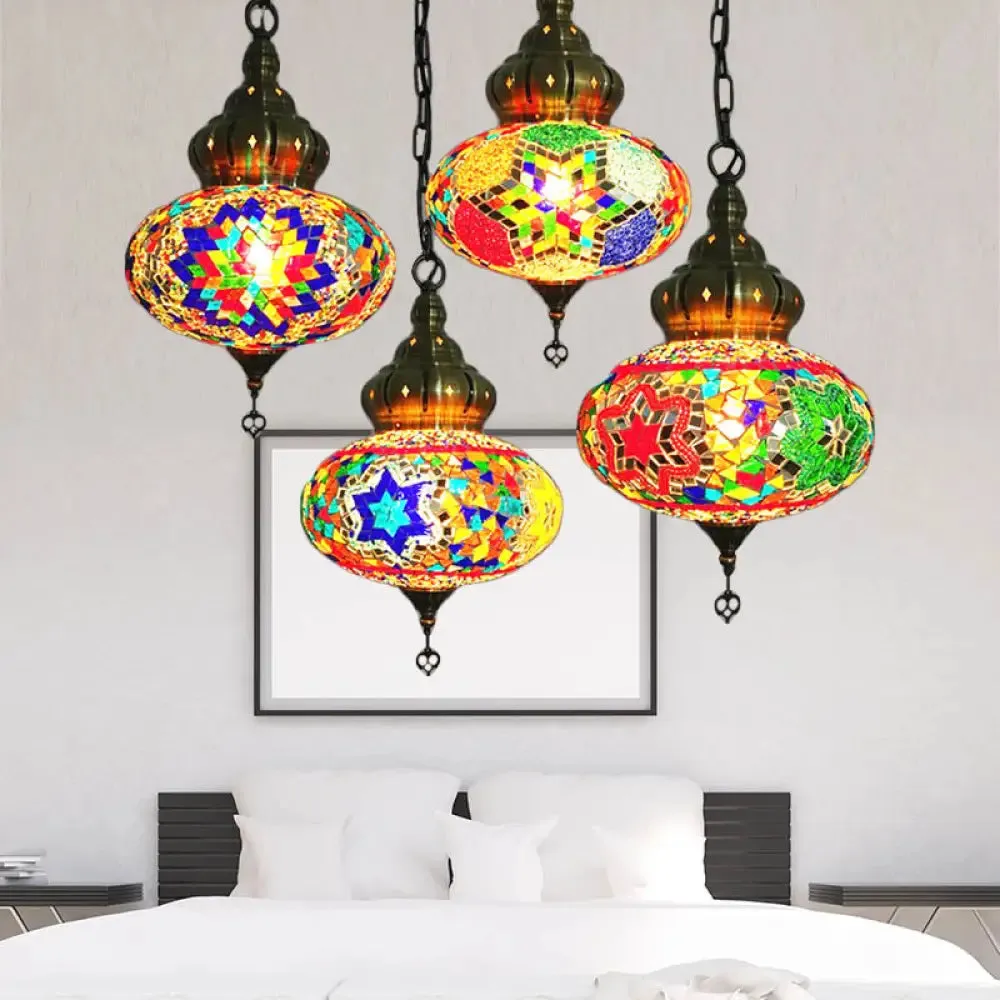 Retro Coffee House Pendant Lamp with Colorful Glass Shade - 1/4 Bulbs Ceiling Light Fixture