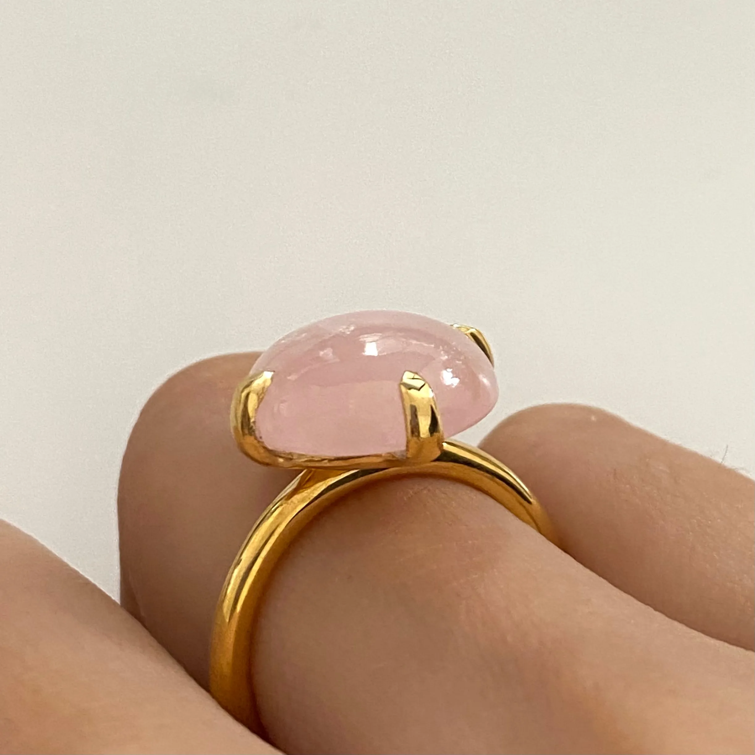 Round Cabochon Rose Quartz Ring in Gold Plated Sterling Silver