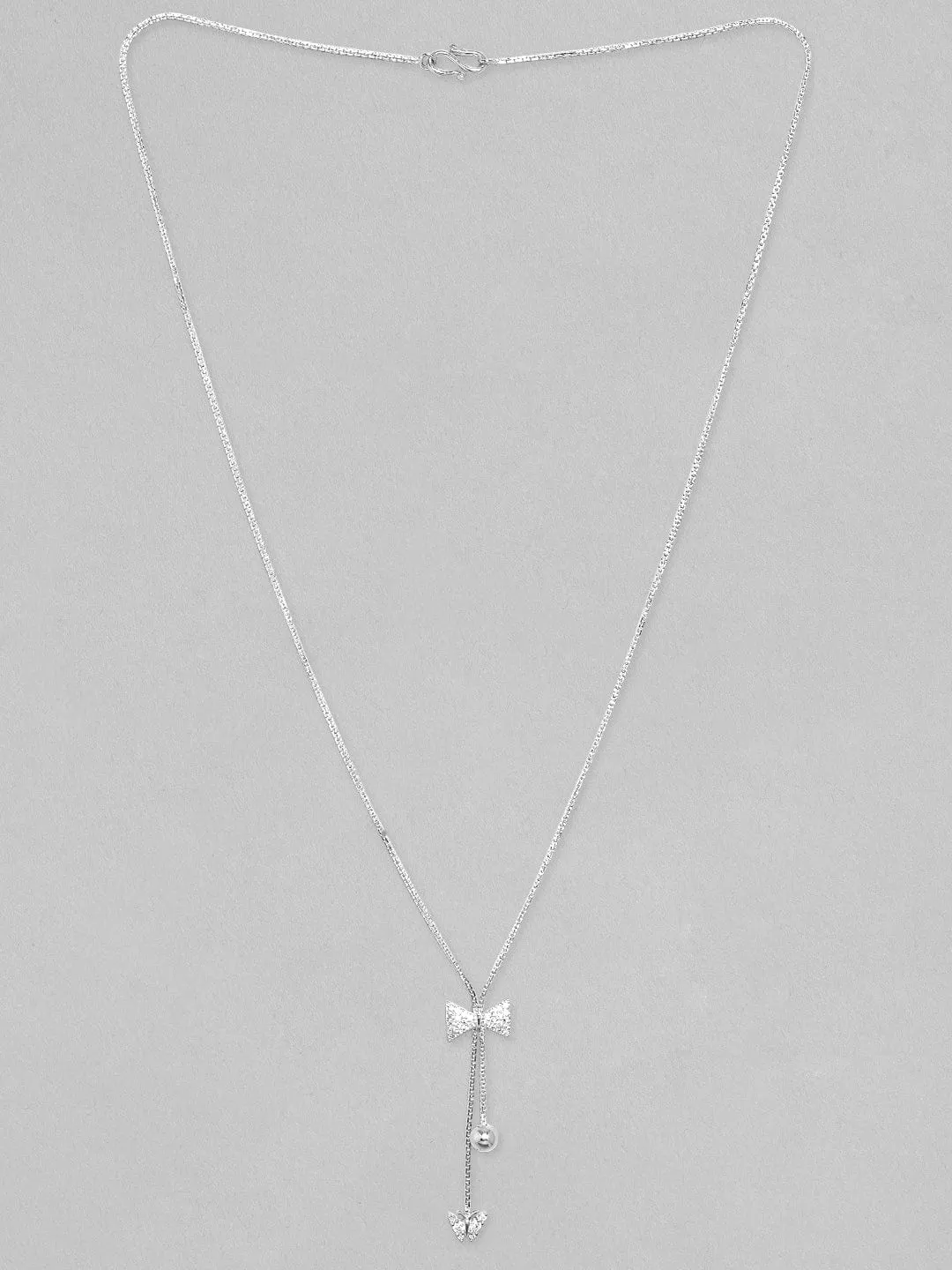 Rubans Rhodium Plated, Minimal Chain Bow Motif Zircons Studded Drop Necklace.