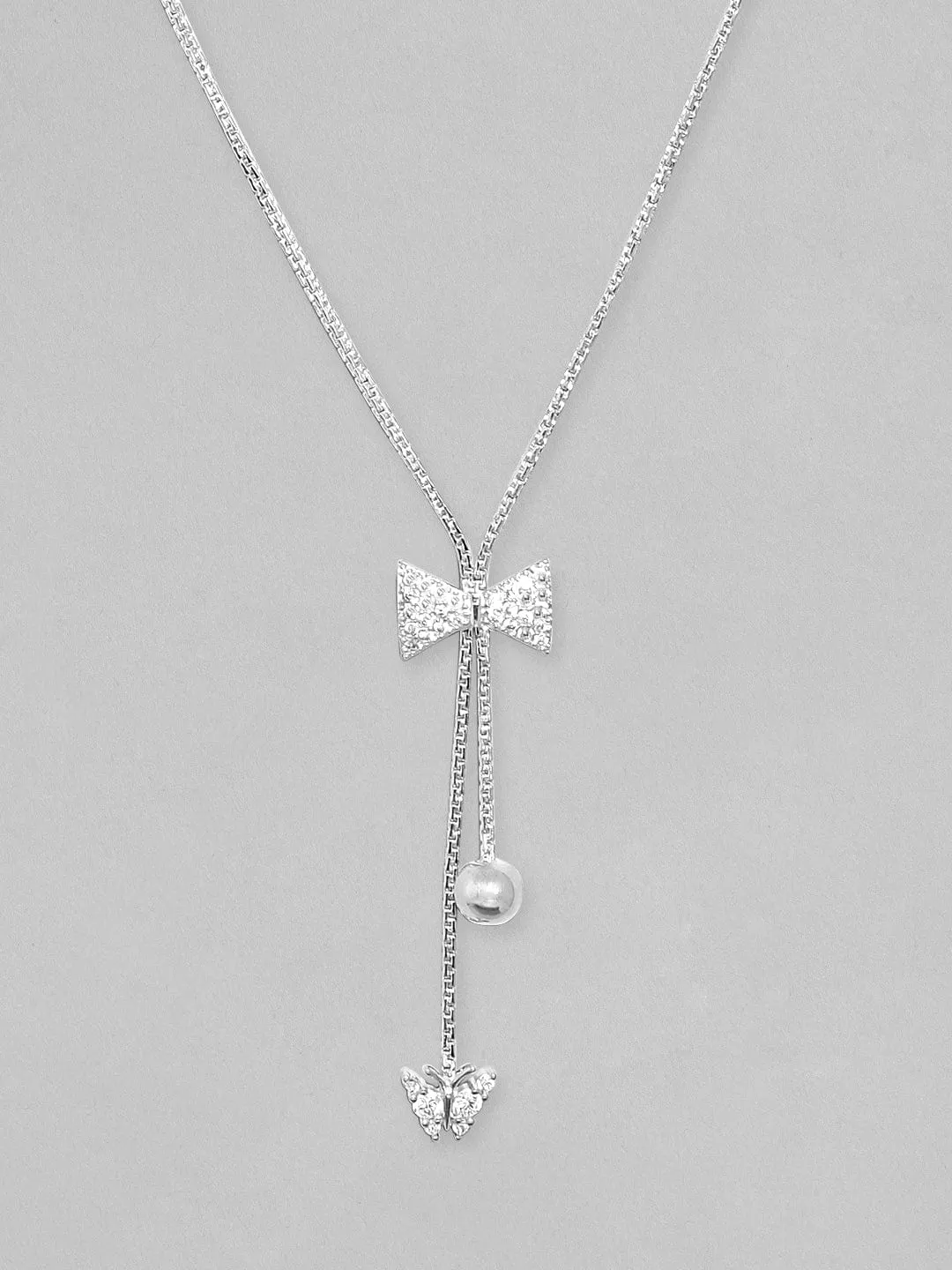 Rubans Rhodium Plated, Minimal Chain Bow Motif Zircons Studded Drop Necklace.