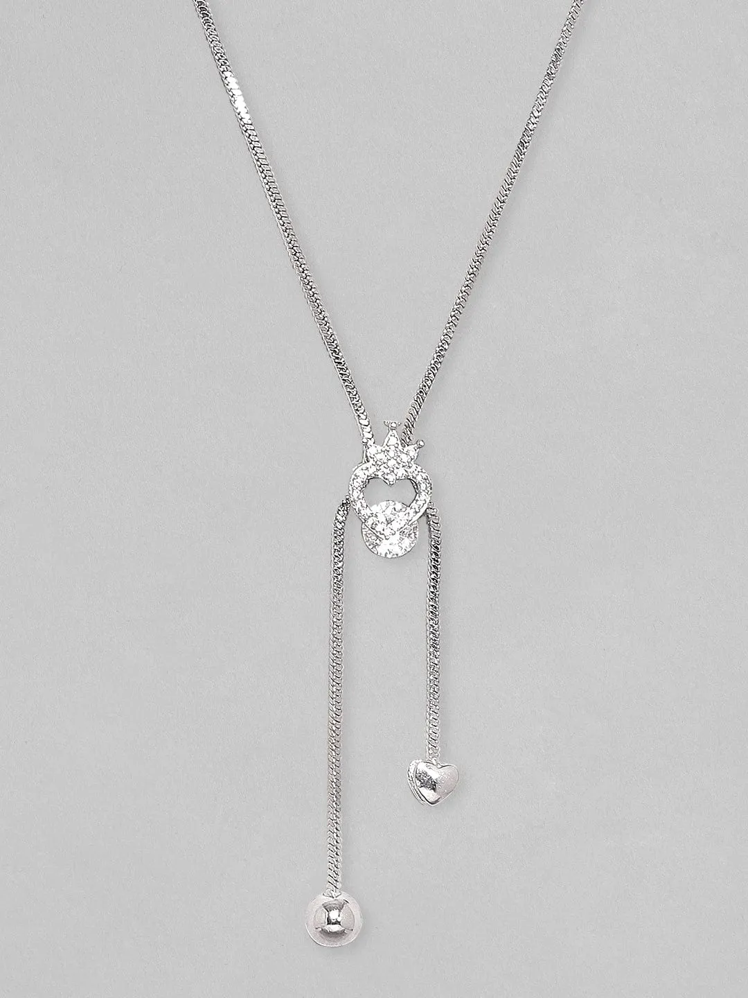 Rubans Rhodium Plated, Minimal Chain Heart Motif Solitaire Zircons Studded Drop Necklace.