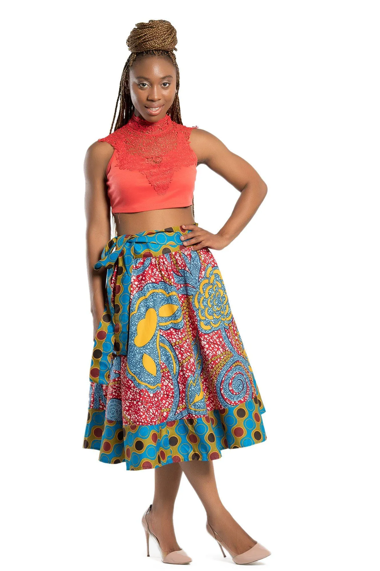 Sanaa African Print 2-Seasons Midi Skirt - Red/ Blue