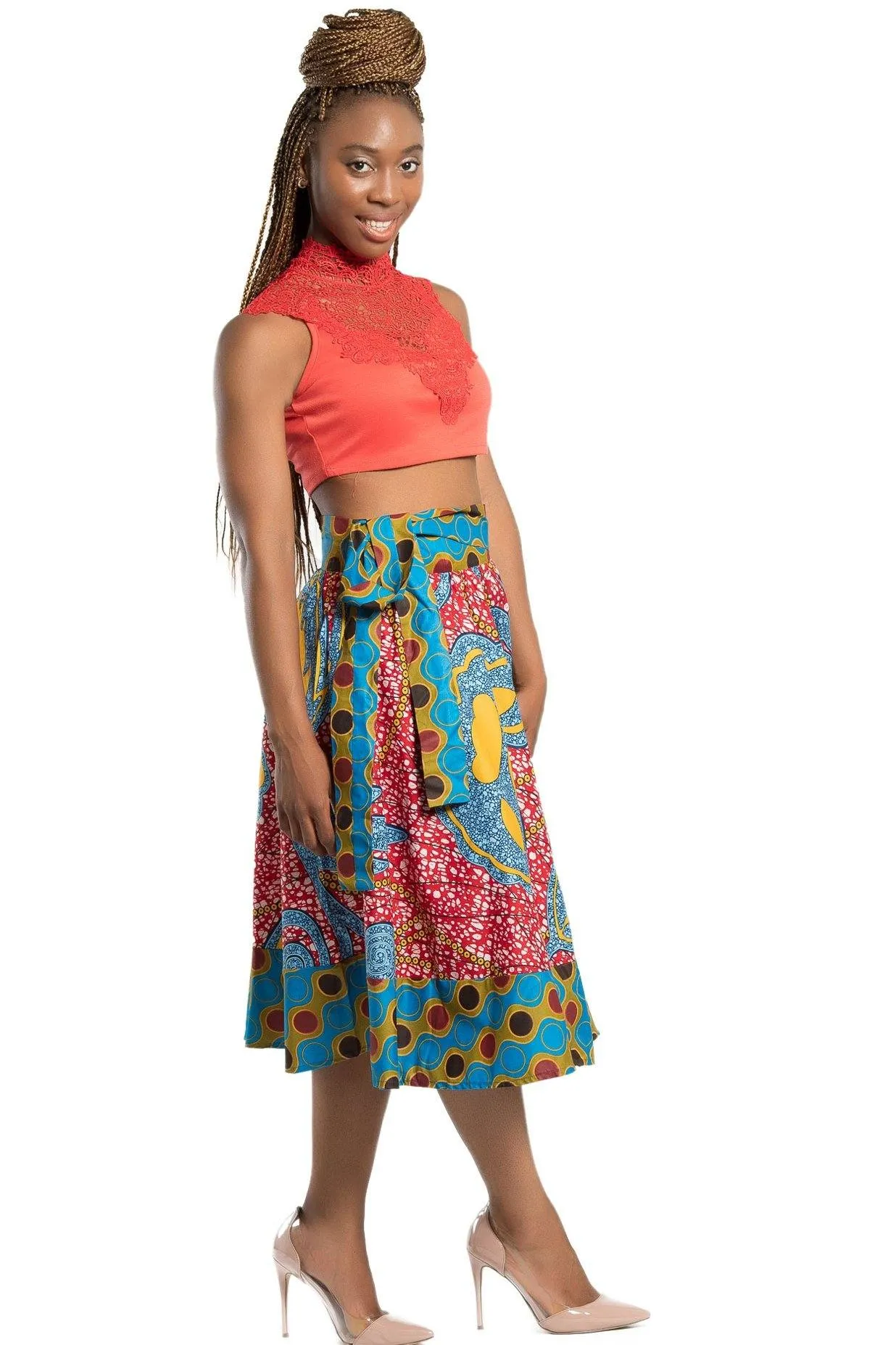 Sanaa African Print 2-Seasons Midi Skirt - Red/ Blue