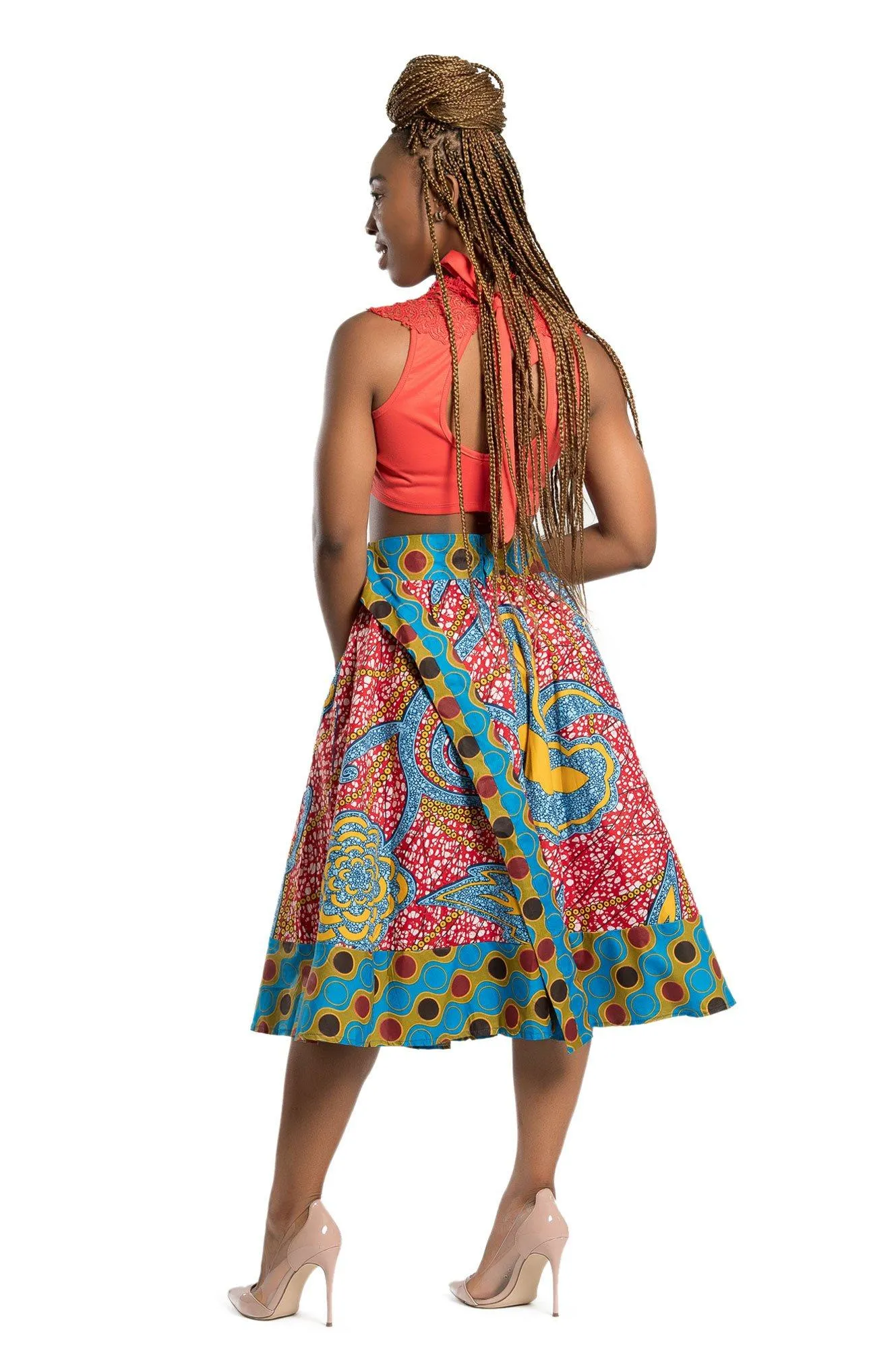 Sanaa African Print 2-Seasons Midi Skirt - Red/ Blue