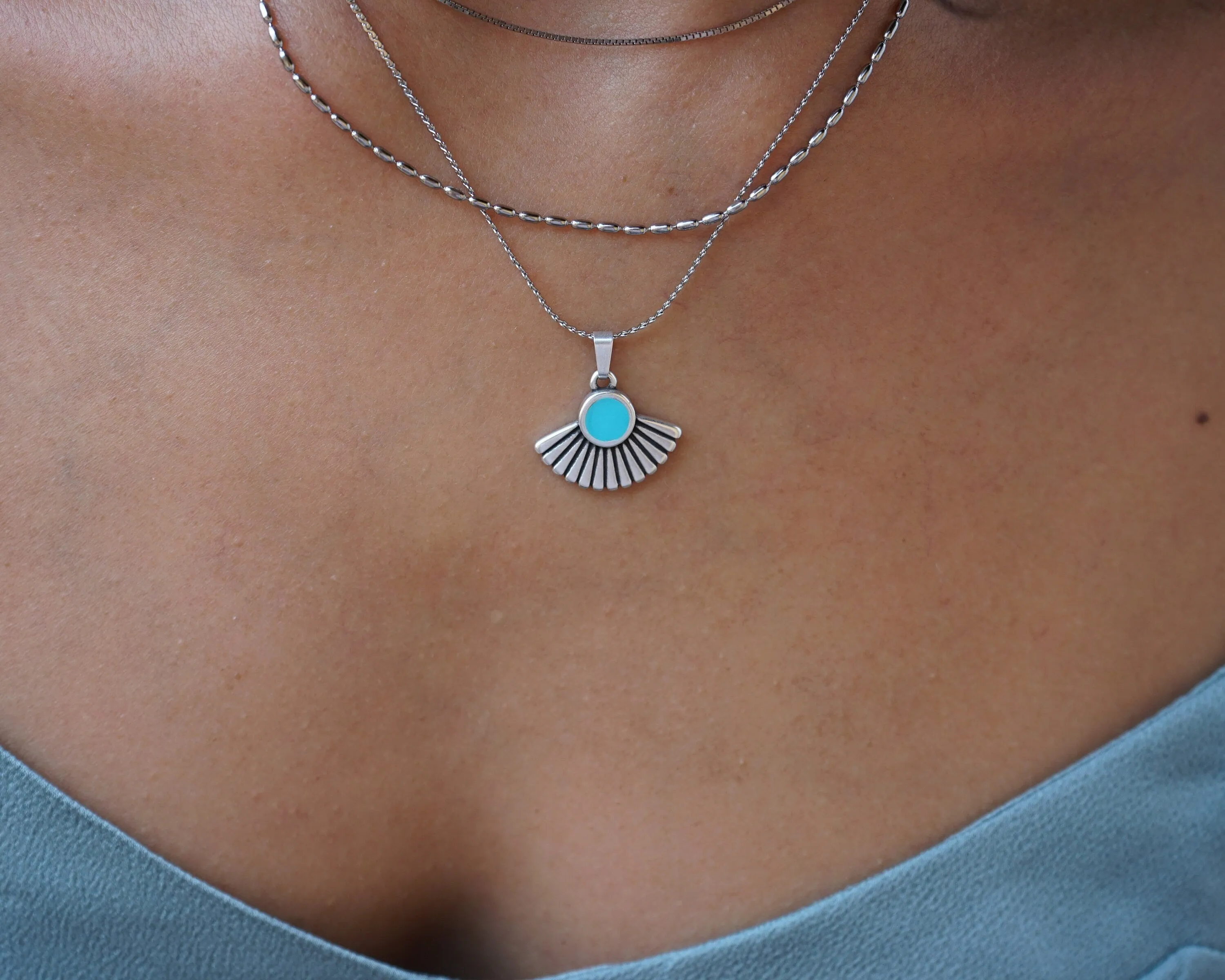 Silver Sun Necklace with Black/Turquoise Enamel