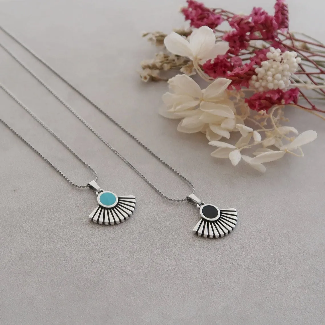 Silver Sun Necklace with Black/Turquoise Enamel