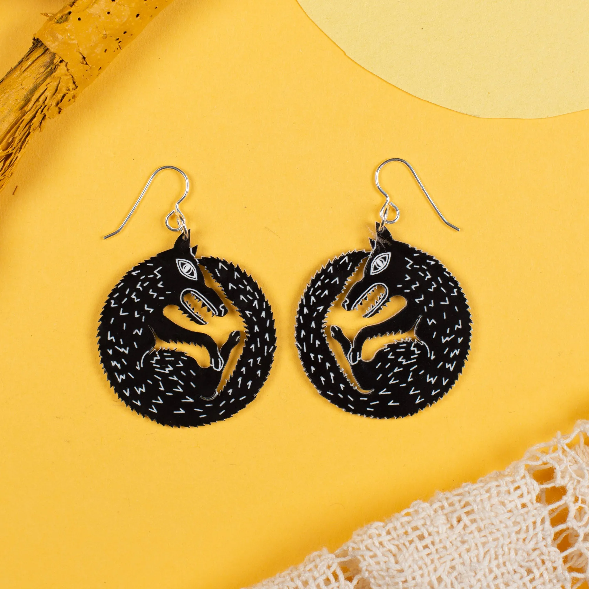 Small Black Wolf Earrings