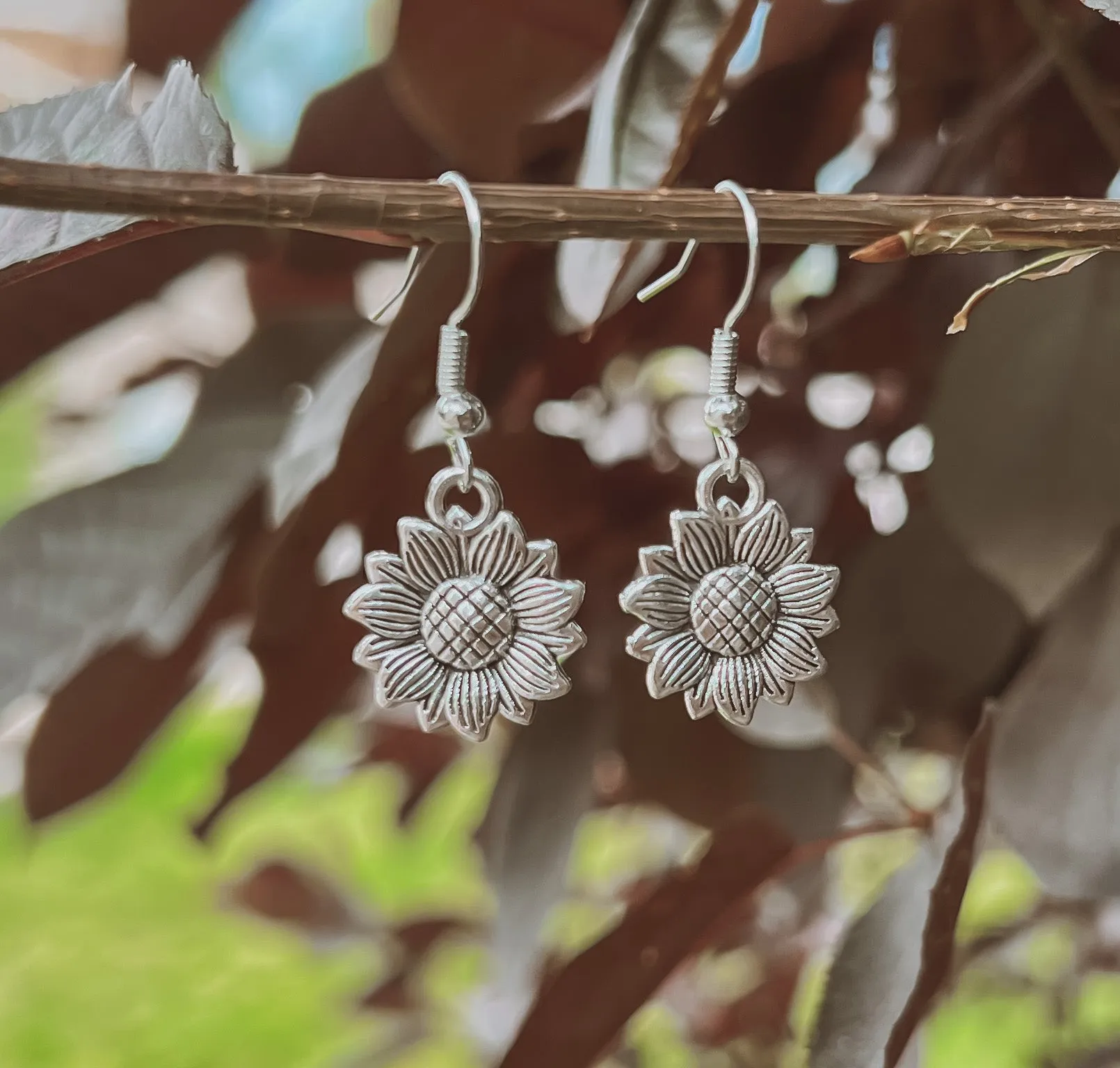 Small Silver Sunflower Dangle Earrings