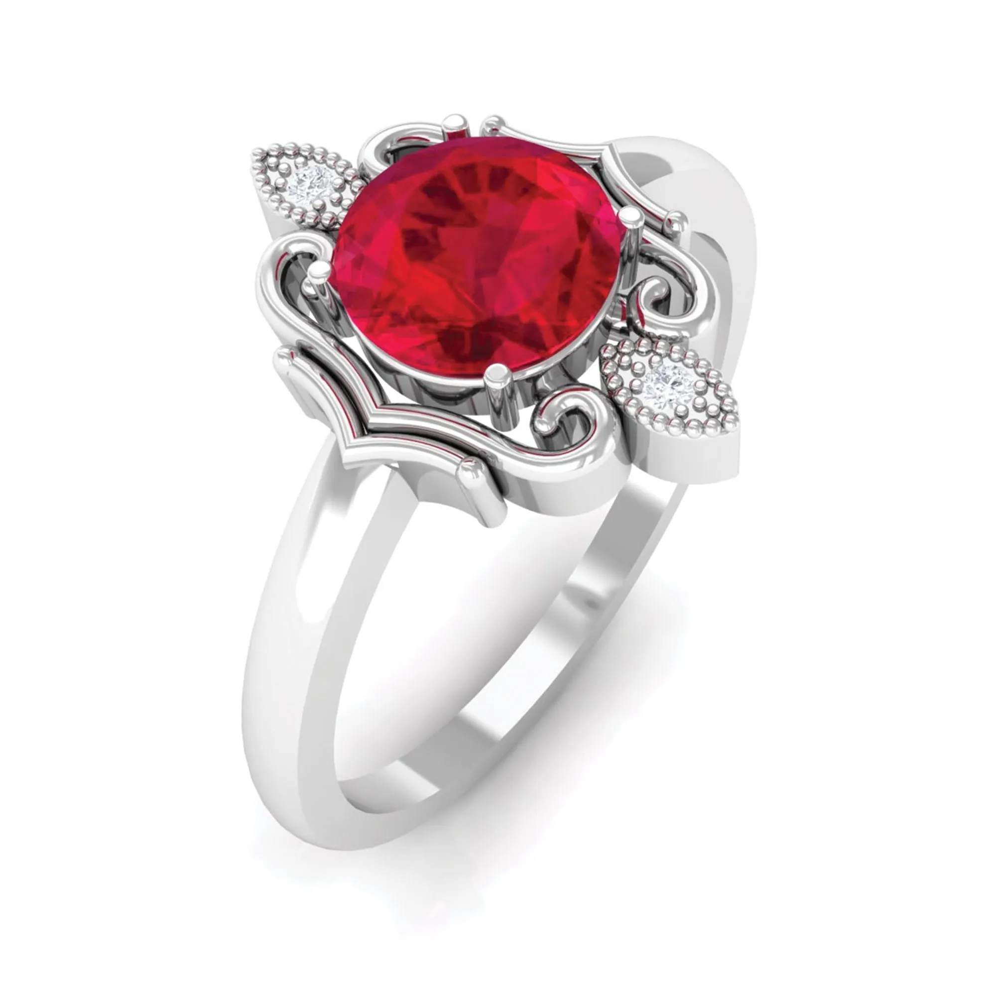 Solitaire Art Deco Ring with Created Ruby and Diamond