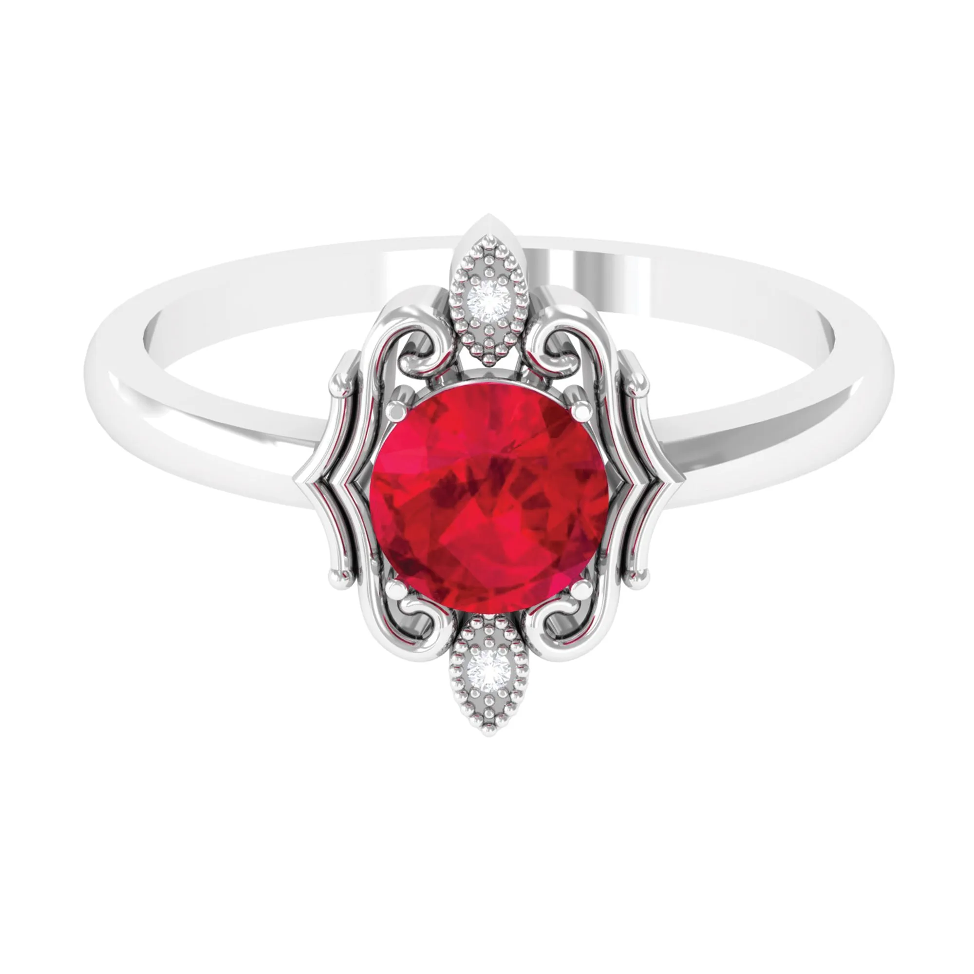 Solitaire Art Deco Ring with Created Ruby and Diamond