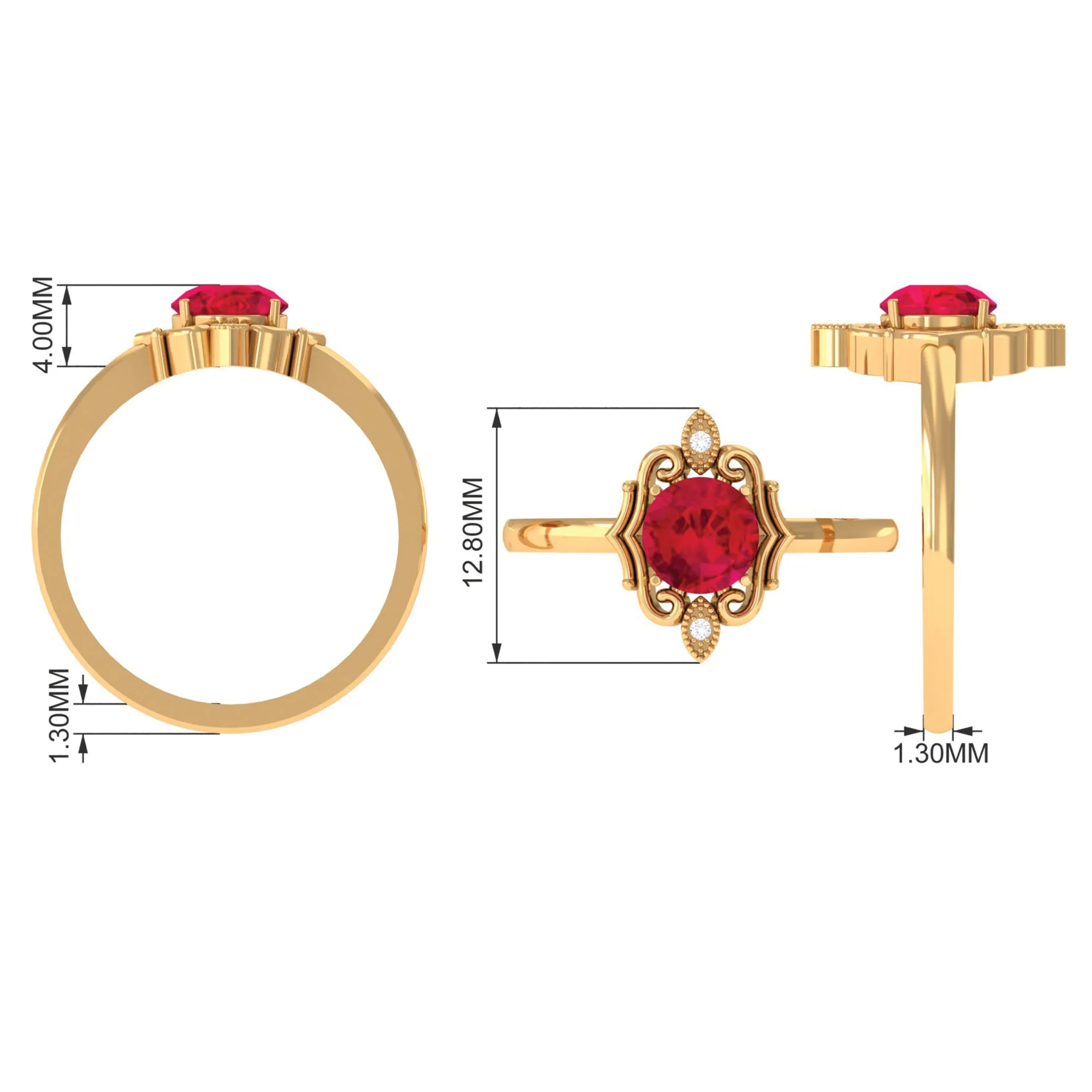 Solitaire Art Deco Ring with Created Ruby and Diamond