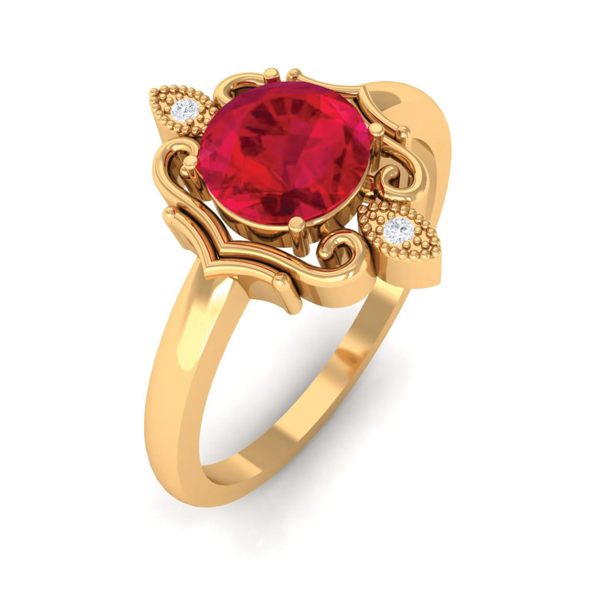 Solitaire Art Deco Ring with Created Ruby and Diamond