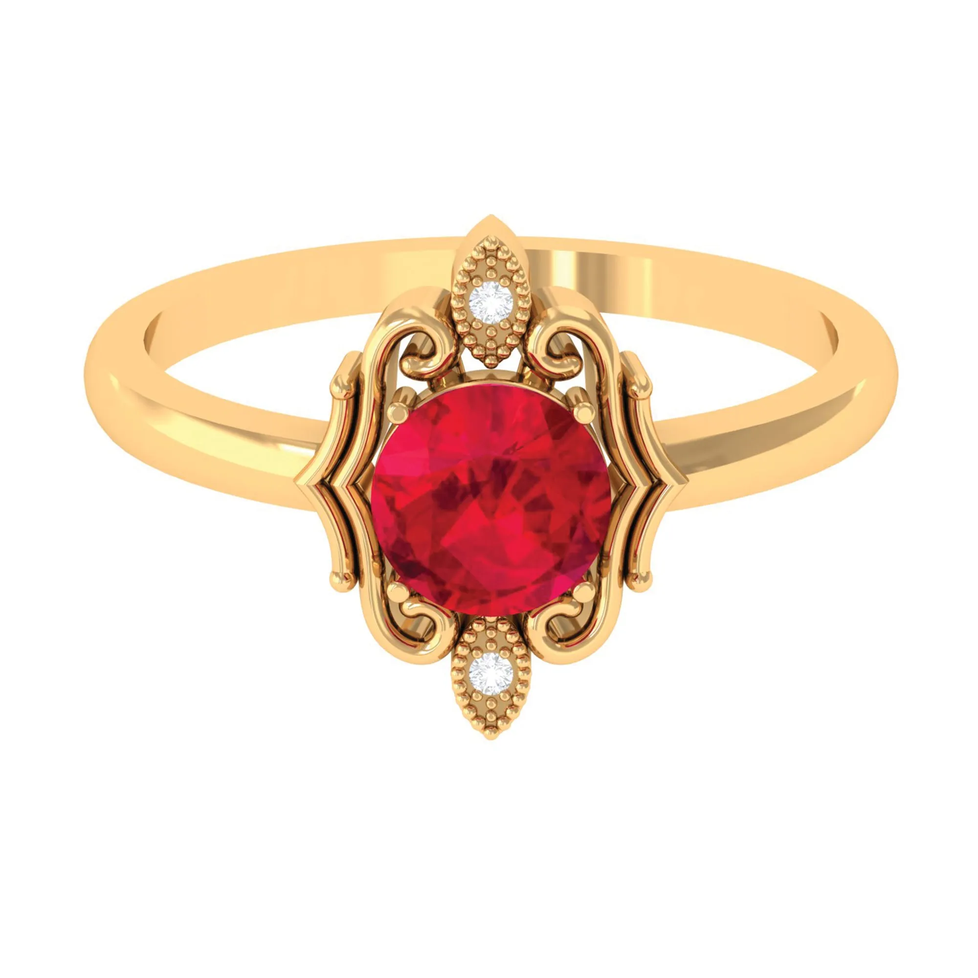 Solitaire Art Deco Ring with Created Ruby and Diamond