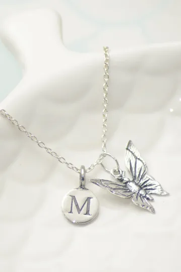 Sterling Silver Butterfly and Initial Pendant Necklace