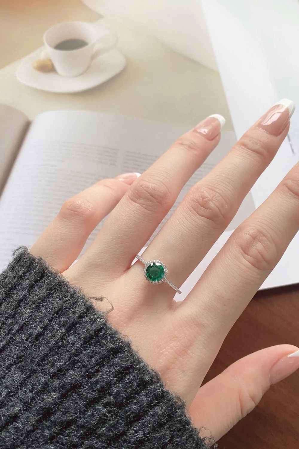 Sterling Silver Round Emerald Ring