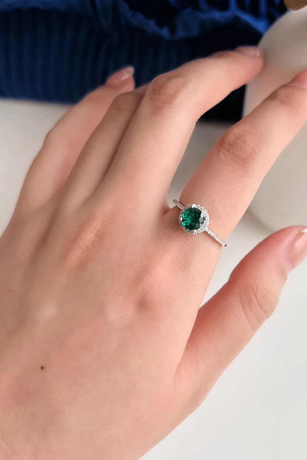 Sterling Silver Round Emerald Ring