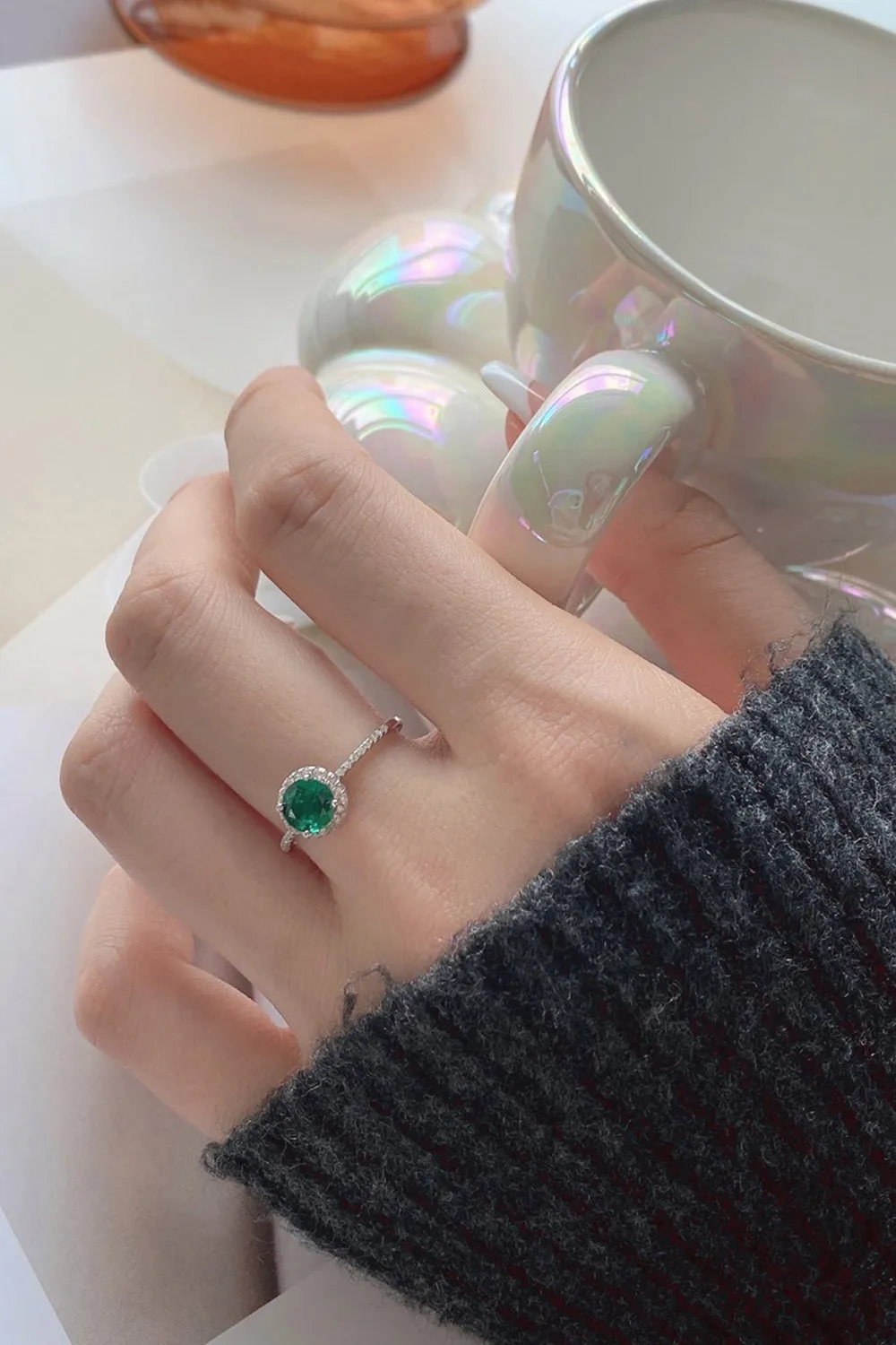 Sterling Silver Round Emerald Ring