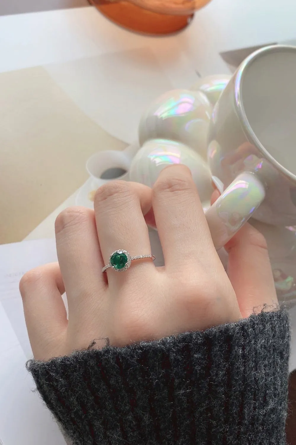 Sterling Silver Round Emerald Ring