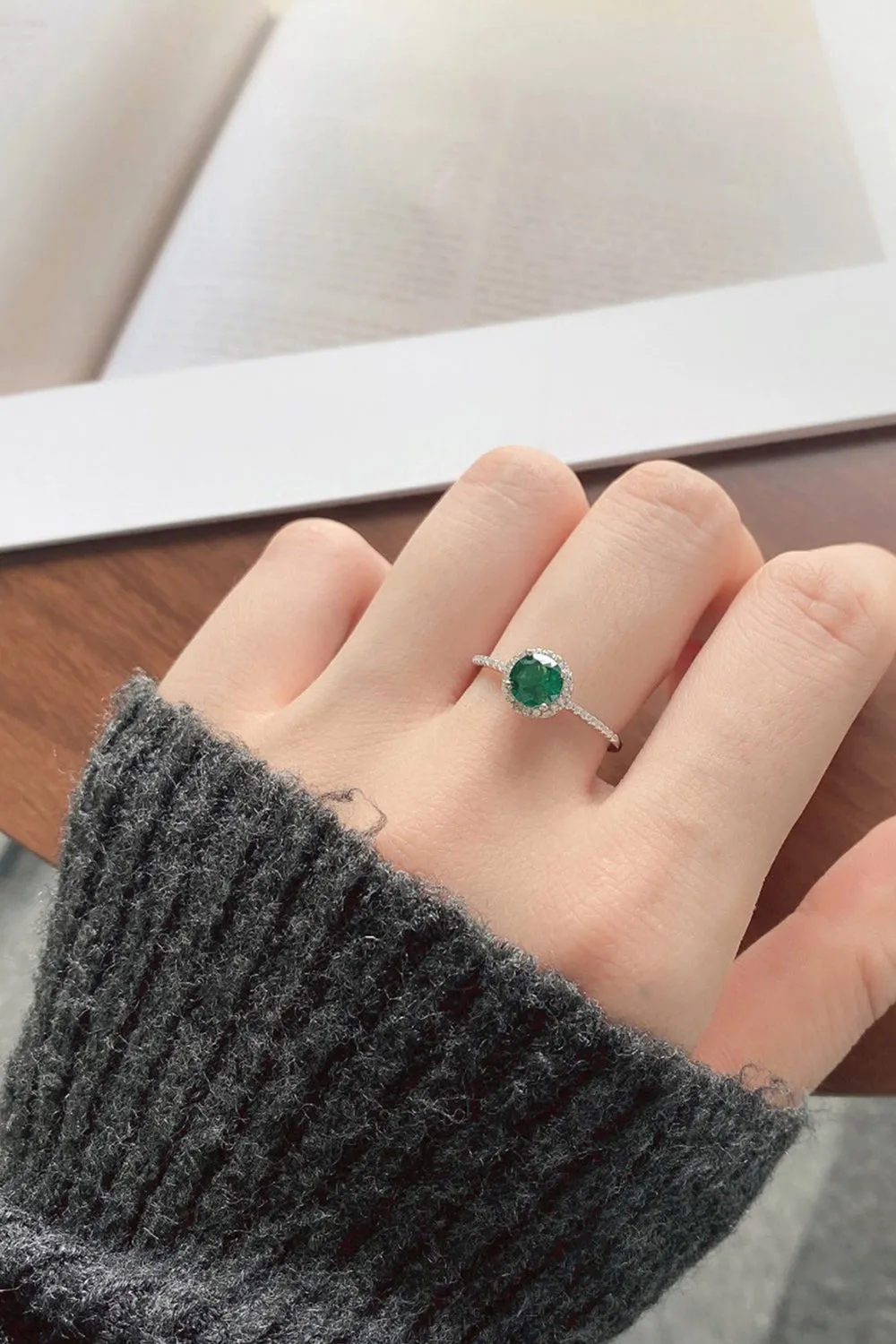 Sterling Silver Round Emerald Ring