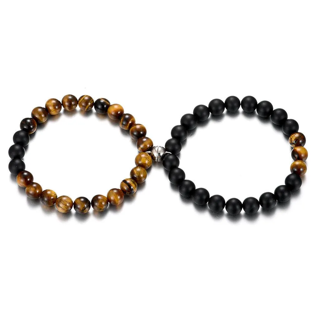 Tiger Eye and Matte Black Agate Magnetic Couple Bracelets