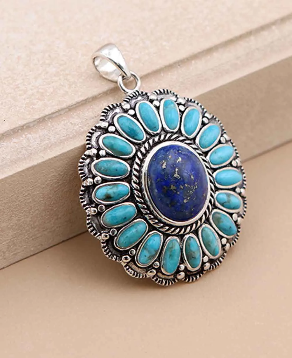 Turquoise and Lapis Flower Pendant