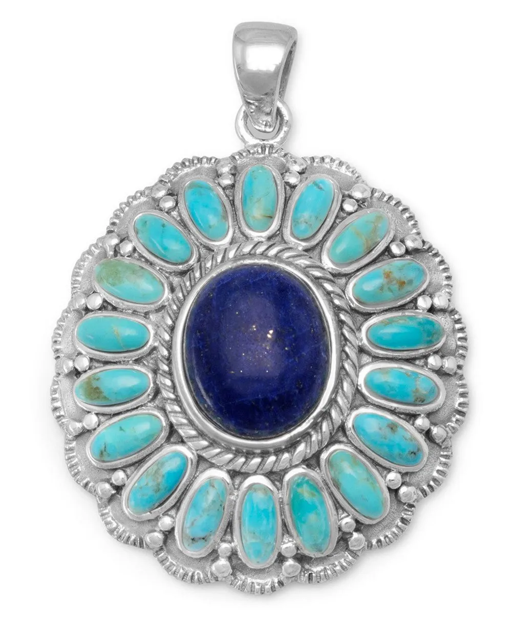 Turquoise and Lapis Flower Pendant