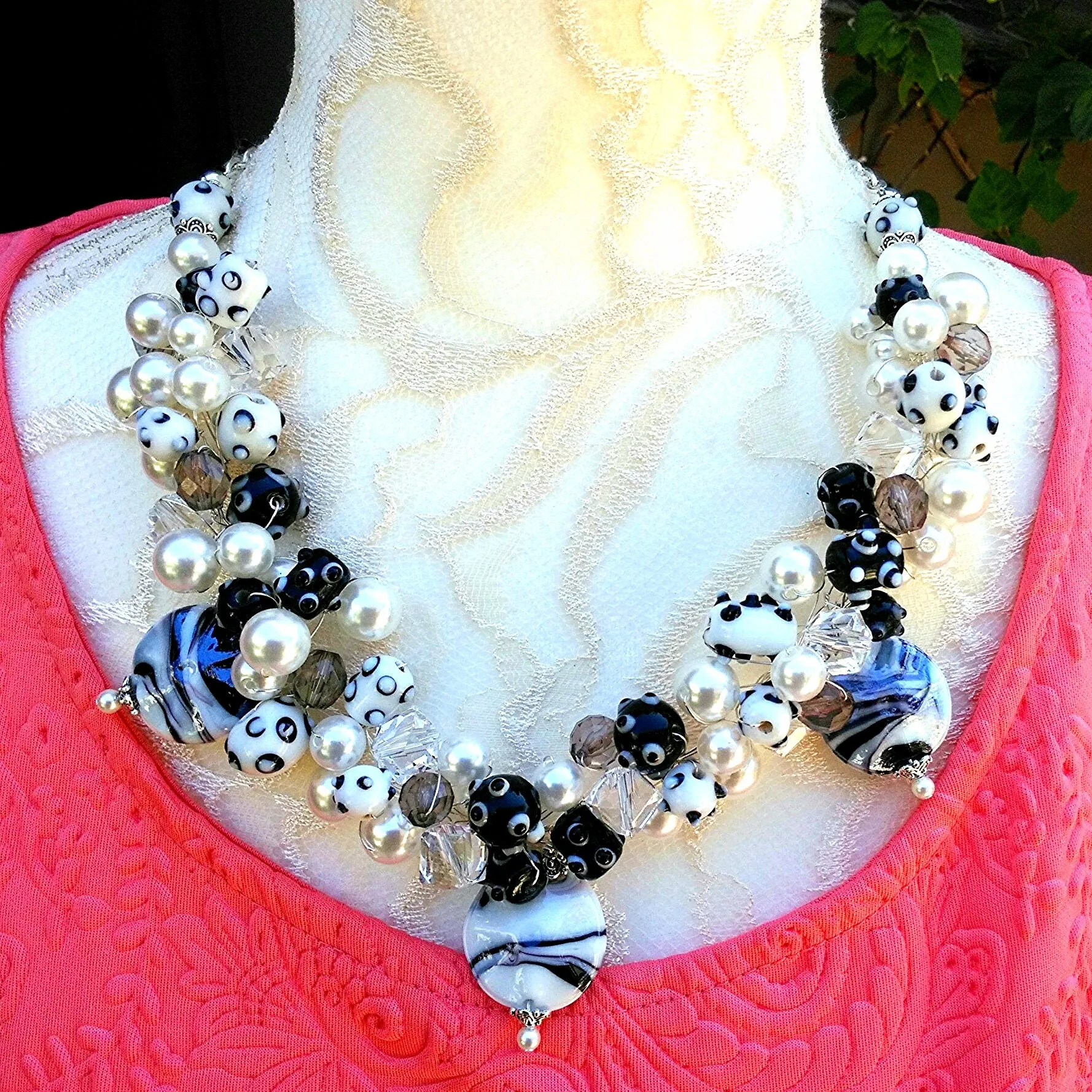 Unique Pearl Chunky Colorful Statement Necklace, Fun OOAK Gift for Her, Fancy Party Bib