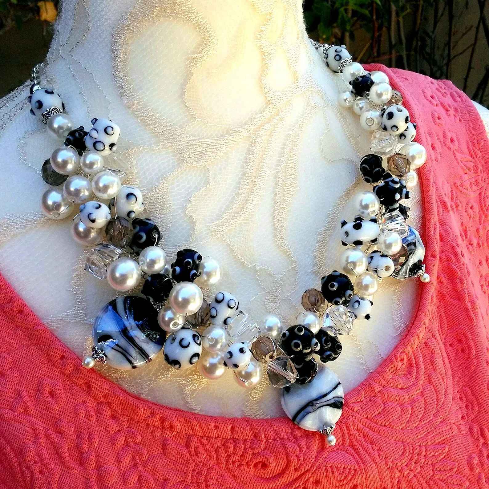 Unique Pearl Chunky Colorful Statement Necklace, Fun OOAK Gift for Her, Fancy Party Bib