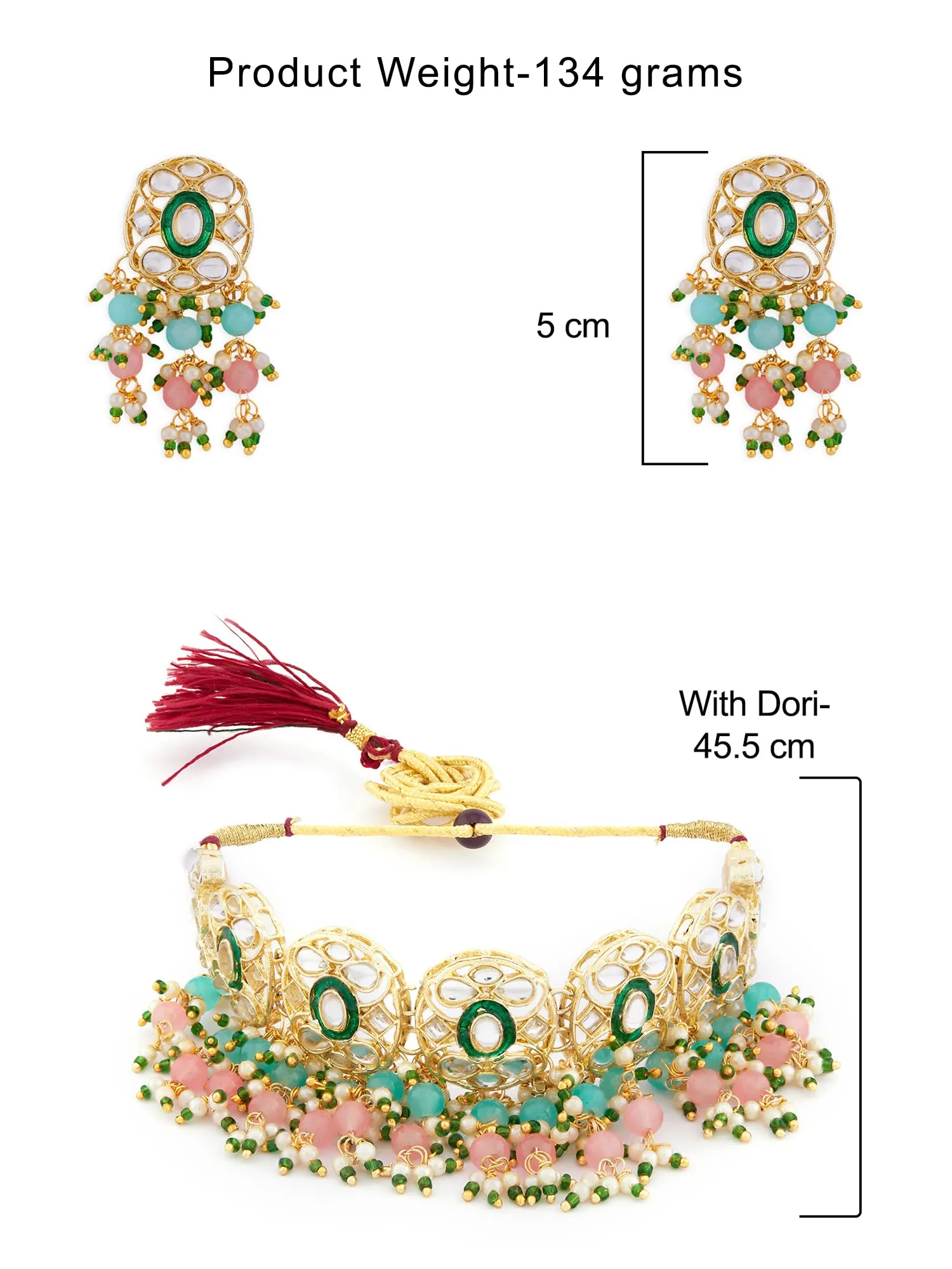 ZAVERI PEARLS Pink & Green Beads Cluster Drops Kundan Choker Necklace Earring & Ring Set For Women-ZPFK13800